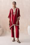 Buy_SAISHA_Maroon Chinese Silk Embellished Gota Notched Vine Embroidered Kaftan With Pant _at_Aza_Fashions