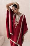 Shop_SAISHA_Maroon Chinese Silk Embellished Gota Notched Vine Embroidered Kaftan With Pant _Online_at_Aza_Fashions