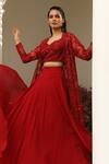 Buy_SAISHA_Maroon Organza Embroidery Bead Jacket Open Flower Skirt Set _at_Aza_Fashions