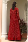 Shop_SAISHA_Maroon Organza Embroidery Bead Jacket Open Flower Skirt Set _at_Aza_Fashions