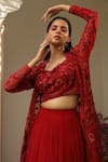 SAISHA_Maroon Organza Embroidery Bead Jacket Open Flower Skirt Set _Online_at_Aza_Fashions