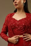 Buy_SAISHA_Maroon Organza Embroidery Bead Jacket Open Flower Skirt Set _Online_at_Aza_Fashions