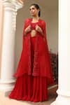 Buy_SAISHA_Maroon Organza Embroidery Cutdana Cape Open Sharara Set _at_Aza_Fashions