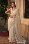 Buy_SAISHA_Ivory Organza Embroidery Mirror V Neck Border Saree With Blouse _at_Aza_Fashions