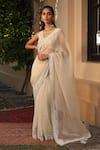 Shop_SAISHA_Ivory Organza Embroidery Mirror V Neck Border Saree With Blouse _at_Aza_Fashions