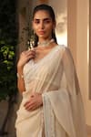 Buy_SAISHA_Ivory Organza Embroidery Mirror V Neck Border Saree With Blouse _Online_at_Aza_Fashions