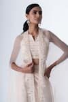 SAISHA_Ivory Organza Embroidery Bead Jacket Open Floral Flared Pant Set _Online_at_Aza_Fashions