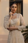 SAISHA_Ivory Organza Embroidery Sequin Front Open Long Jacket And Skirt Set _Online_at_Aza_Fashions