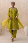 Buy_SAISHA_Green Organza And Chanderi Embroidery Floral Butti Notched Neck Kurta Pant Set _at_Aza_Fashions