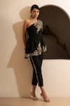 Buy_SAISHA_Black Chinese Silk Embroidery Floral Asymmetric Neck Tunic With Pant _at_Aza_Fashions