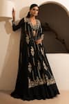 Buy_SAISHA_Black Organza Embroidery Floral Open Neck Sequin Cape Lehenga Set _at_Aza_Fashions