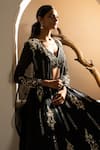 SAISHA_Black Organza Embroidery Floral Open Neck Sequin Cape Lehenga Set _Online_at_Aza_Fashions