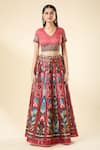 Samyukta Singhania_Multi Color Lehenga Raw Silk Digital Printed Mughal V Neck Lotus Set _at_Aza_Fashions