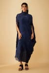 Buy_1999AD By Amita & Deepak_Blue Tissue Crush Textured High Neck Draped Dress With Inner _at_Aza_Fashions