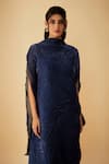 Buy_1999AD By Amita & Deepak_Blue Tissue Crush Textured High Neck Draped Dress With Inner _Online_at_Aza_Fashions