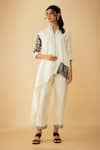 Buy_1999AD By Amita & Deepak_White Linen Embroidered Beads Band Collar Asymmetric Top And Pant Set _at_Aza_Fashions