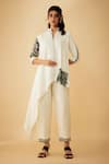 Buy_1999AD By Amita & Deepak_White Linen Embroidered Beads Band Collar Asymmetric Top And Pant Set _Online_at_Aza_Fashions