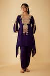 Buy_1999AD By Amita & Deepak_Purple Satin Organza Embroidered Thread V Neck Kurta And Pant Set _at_Aza_Fashions