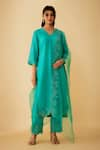 Buy_1999AD By Amita & Deepak_Green Linen Silk Applique Embroidered Floral V Neck Kurta And Pant Set _at_Aza_Fashions