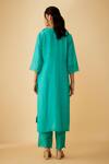 Shop_1999AD By Amita & Deepak_Green Linen Silk Applique Embroidered Floral V Neck Kurta And Pant Set _at_Aza_Fashions