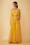 Buy_1999AD By Amita & Deepak_Yellow Organza Embroidered Cutdana Jacket Open Neck Sharara Set _at_Aza_Fashions