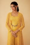 1999AD By Amita & Deepak_Yellow Organza Embroidered Cutdana Jacket Open Neck Sharara Set _at_Aza_Fashions