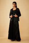 Buy_1999AD By Amita & Deepak_Black Satin Embroidered Cutdana Jacket Lapel Collar Skirt Set _at_Aza_Fashions