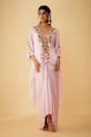 Buy_1999AD By Amita & Deepak_Pink Organza Embroidered Thread V Neck Asymmetric Kurta And Skirt Set _at_Aza_Fashions