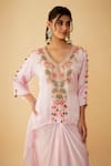 Shop_1999AD By Amita & Deepak_Pink Organza Embroidered Thread V Neck Asymmetric Kurta And Skirt Set _Online_at_Aza_Fashions