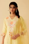 1999AD By Amita & Deepak_Yellow Matka Silk Embroidered Thread V Neck Kurta Set _at_Aza_Fashions