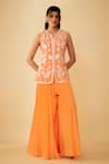 Buy_1999AD By Amita & Deepak_Orange Organza Applique Embroidered Floral Notched Kurta And Sharara Set _at_Aza_Fashions