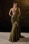 Shop_SAANJH BY LEA_Green Lurex Chiffon Lining Aamna Striped Latkan Lace Embellished Saree Set _Online_at_Aza_Fashions