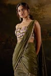 Buy_SAANJH BY LEA_Green Lurex Chiffon Lining Aamna Striped Latkan Lace Embellished Saree Set 