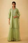 Buy_1999AD By Amita & Deepak_Green Chanderi Embroidered Zari V Neck Kurta Sharara Set _at_Aza_Fashions