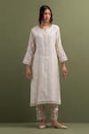 Buy_Anantaa by Roohi_Ivory Mul Chanderi Embroidered Sequins Notched Floral Butta Kurta With Pant _Online_at_Aza_Fashions