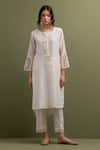 Buy_Anantaa by Roohi_Ivory Mul Chanderi Embroidered Sequins Notched Thread High Low Kurta With Pant _at_Aza_Fashions