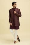 Aryavir Malhotra_Maroon Silk Viscose Embroidered Thread Nehru Jacket With Kurta _at_Aza_Fashions