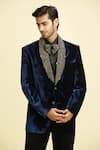 Shop_Aryavir Malhotra_Blue Silk Viscose Embroidery Metallic Bloom Shawl Lapel Blazer Set 