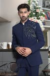 Courtyard by abhi_Blue Suiting Lycra Embellished Bead Peacock Bandhgala With Trouser _Online_at_Aza_Fashions