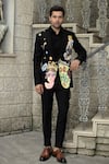 Buy_Courtyard by abhi_Black Japenese Lycra Graffiti Pattern Tuxedo Trouser Set _at_Aza_Fashions