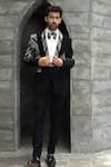 Shop_Courtyard By Abhi_Black Jersey, Lycra Sequins Gradient Embellished Tuxedo Trouser Set _at_Aza_Fashions