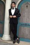 Shop_Courtyard By Abhi_Black Jacquard, Lycra Zari Zipper Embellished Tuxedo Trouser Set _at_Aza_Fashions