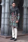 Buy_Courtyard by abhi_Black Japanese Lycra Embroidery Mirror Tropical Safari Sherwani With Trouser _at_Aza_Fashions