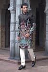 Shop_Courtyard by abhi_Black Japanese Lycra Embroidery Mirror Tropical Safari Sherwani With Trouser _at_Aza_Fashions