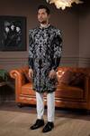 Courtyard By Abhi_Black Lycra Embroidery Wildflower Sherwani With Trouser _Online_at_Aza_Fashions