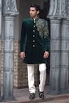 Buy_Courtyard by abhi_Green Imported Velvet Embroidery Cosmo Bloom Sherwani With Trouser _at_Aza_Fashions