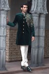 Shop_Courtyard by abhi_Green Imported Velvet Embroidery Cosmo Bloom Sherwani With Trouser _at_Aza_Fashions