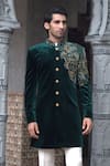 Buy_Courtyard by abhi_Green Imported Velvet Embroidery Cosmo Bloom Sherwani With Trouser _Online_at_Aza_Fashions