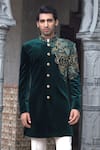 Shop_Courtyard by abhi_Green Imported Velvet Embroidery Cosmo Bloom Sherwani With Trouser _Online_at_Aza_Fashions