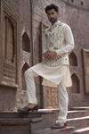 Shop_Courtyard By Abhi_Ivory Silk Embroidery Gardenia Bundi Kurta Set _at_Aza_Fashions